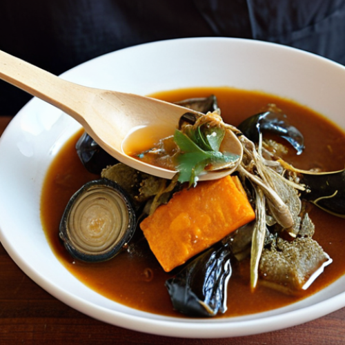 Home 17 **
A vibrant, close-up shot of *Calulu* being served. Focus on the rich, dark broth, chunks of dried fish (like *cacusso*), okra (*quimbombo*), eggplant, and pieces of sweet potato leaves. Steam should be rising, and a traditional Angolan bowl or serving dish should be visible. The lighting should be warm and inviting, emphasizing the textures of the ingredients. Include a hand reaching in with a wooden spoon, ready to take a portion.
**