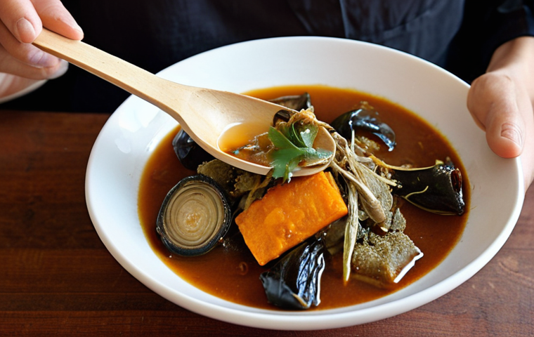 **

A vibrant, close-up shot of *Calulu* being served. Focus on the rich, dark broth, chunks of dried fish (like *cacusso*), okra (*quimbombo*), eggplant, and pieces of sweet potato leaves. Steam should be rising, and a traditional Angolan bowl or serving dish should be visible. The lighting should be warm and inviting, emphasizing the textures of the ingredients. Include a hand reaching in with a wooden spoon, ready to take a portion.

**