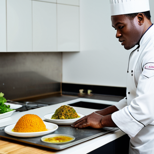 Home 16 A professional Angolan chef, male or female, standing confidently in a modern, well-lit kitchen. The chef is meticulously plating a sophisticated dish that artistically combines traditional Angolan ingredients, such as a perfectly seared piece of katchokole fish, served alongside a deconstructed funje puree and vibrant mufete greens, presented with elegant, contemporary techniques. The chef is wearing a clean, crisp chef's uniform, fully clothed, appropriate attire, professional dress. The background features a blend of state-of-the-art kitchen equipment and subtle traditional Angolan decorative elements, creating a bridge between old and new. Professional studio photography, perfect anatomy, correct proportions, natural pose, well-formed hands, proper finger count, natural body proportions, high resolution, detailed textures, sharp focus, natural lighting, safe for work, appropriate content, modest clothing, family-friendly.