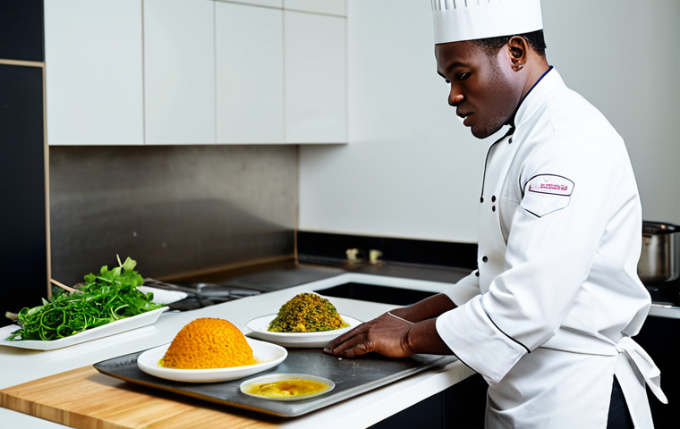 A professional Angolan chef, male or female, standing confidently in a modern, well-lit kitchen. The chef is meticulously plating a sophisticated dish that artistically combines traditional Angolan ingredients, such as a perfectly seared piece of katchokole fish, served alongside a deconstructed funje puree and vibrant mufete greens, presented with elegant, contemporary techniques. The chef is wearing a clean, crisp chef's uniform, fully clothed, appropriate attire, professional dress. The background features a blend of state-of-the-art kitchen equipment and subtle traditional Angolan decorative elements, creating a bridge between old and new. Professional studio photography, perfect anatomy, correct proportions, natural pose, well-formed hands, proper finger count, natural body proportions, high resolution, detailed textures, sharp focus, natural lighting, safe for work, appropriate content, modest clothing, family-friendly.