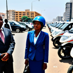 Modern Angola Commute**

"A busy street scene in Luanda, Angola. A fully clothed businesswoman in a modest, tailored suit waits at a designated moto-taxi stand. Several moto-taxi drivers, all wearing helmets and appropriate attire, are lined up. In the background, modern buildings and bustling street life. Safe for work. Appropriate content. Perfect anatomy. Natural proportions. Professional urban photography. Family-friendly."

**