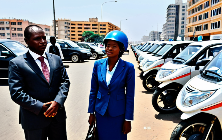 Modern Angola Commute**

"A busy street scene in Luanda, Angola. A fully clothed businesswoman in a modest, tailored suit waits at a designated moto-taxi stand. Several moto-taxi drivers, all wearing helmets and appropriate attire, are lined up. In the background, modern buildings and bustling street life. Safe for work. Appropriate content. Perfect anatomy. Natural proportions. Professional urban photography. Family-friendly."

**