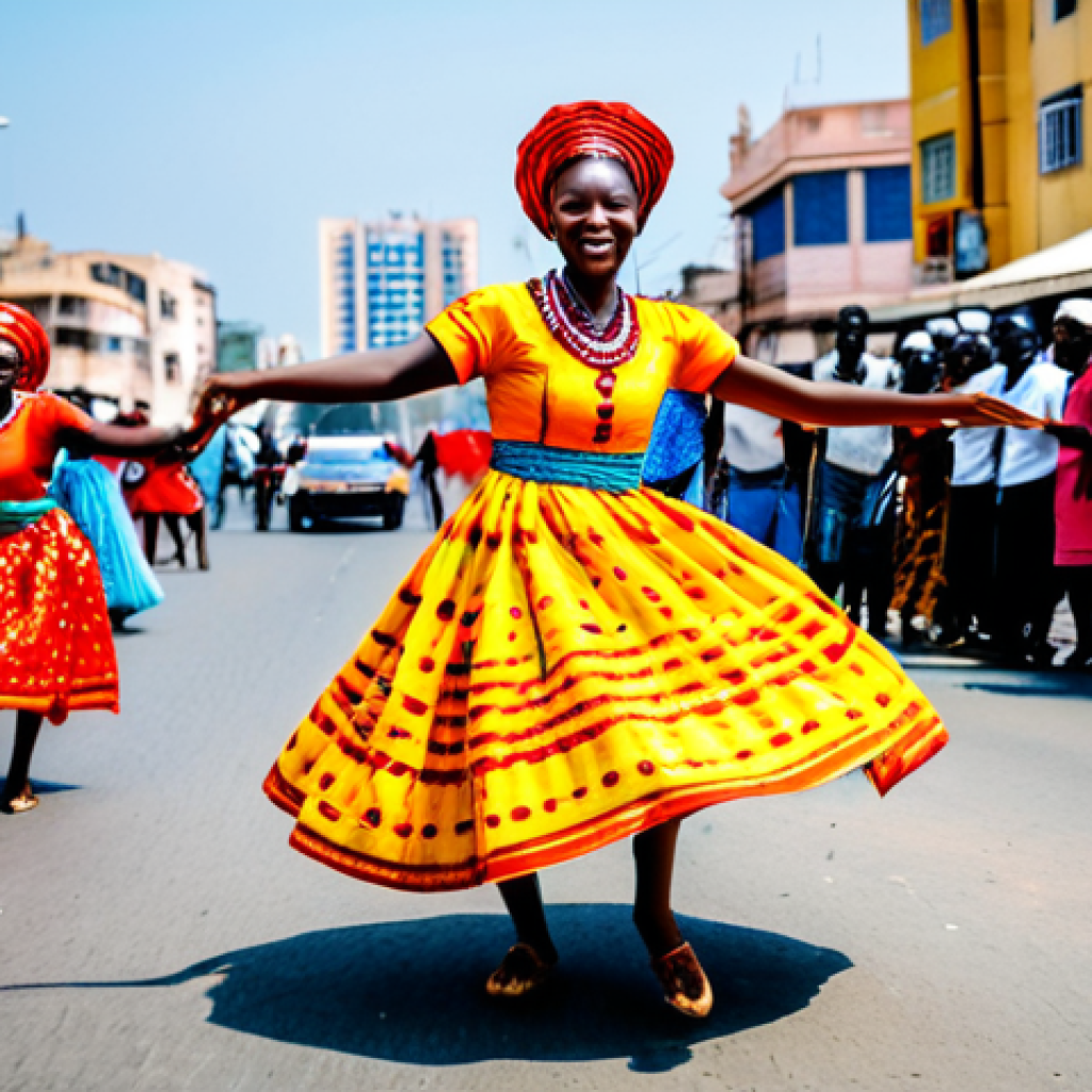 앙골라 부족 문화 - Semba Dance in Luanda**

"A vibrant scene of a Semba dance performance in the streets of Luanda, Ang...