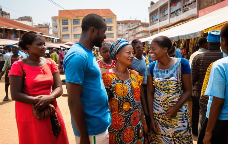 앙골라 포르투갈어 사용률 - **Vibrant Angolan Market Communication:**
    "A bustling outdoor market scene in Luanda, Angola, fi...