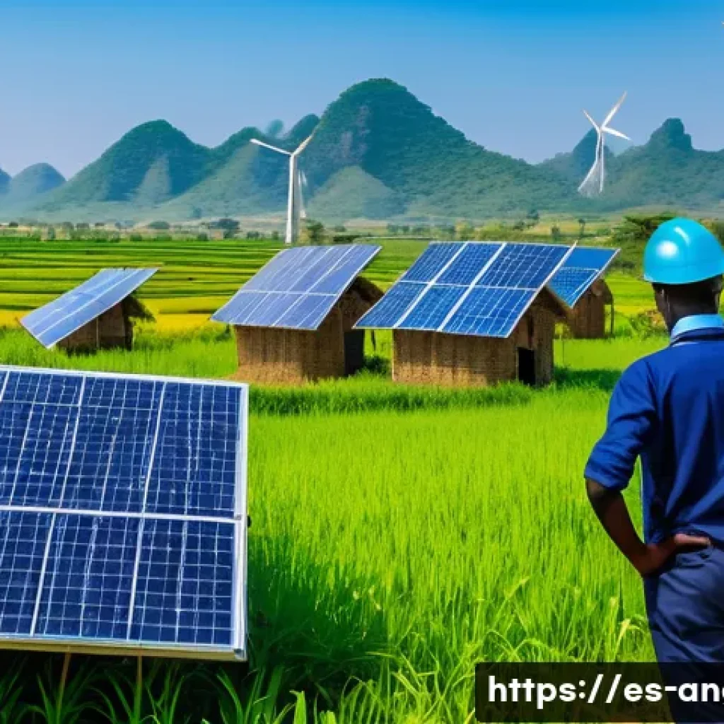 앙골라에서 기업 투자 기회 - A vibrant, sunlit rural Angolan landscape featuring modern solar panels and wind turbines installed ...