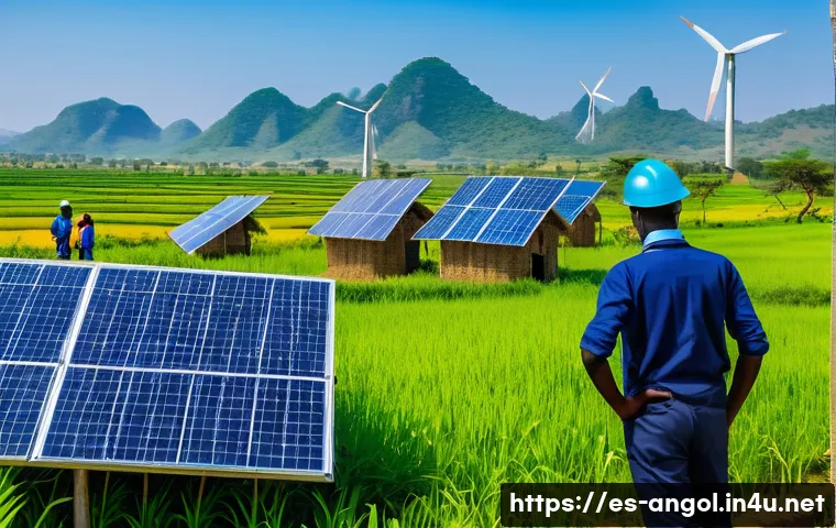 앙골라에서 기업 투자 기회 - A vibrant, sunlit rural Angolan landscape featuring modern solar panels and wind turbines installed ...