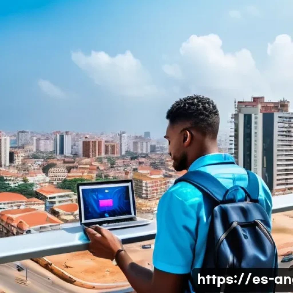 앙골라 IT 산업 현황 - A modern urban scene in Luanda, Angola, showcasing advanced telecommunications infrastructure with v...
