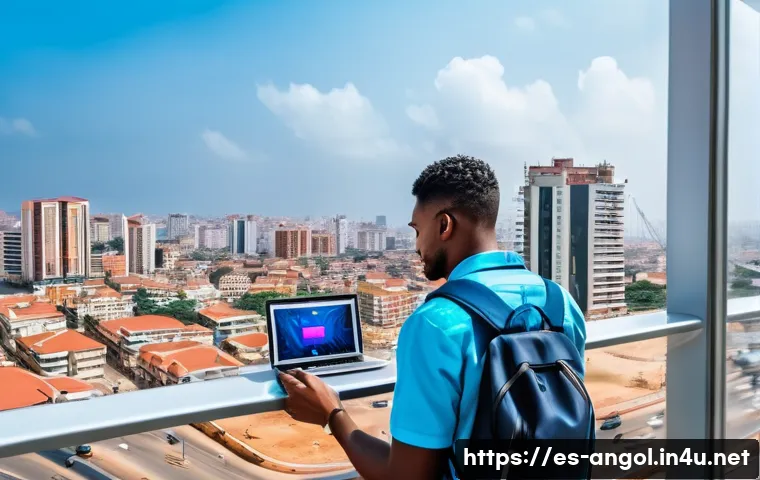 앙골라 IT 산업 현황 - A modern urban scene in Luanda, Angola, showcasing advanced telecommunications infrastructure with v...