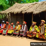 앙골라 방언과 소수언어 - A vibrant Angolan village scene in the central region showcasing a community gathering where people ...