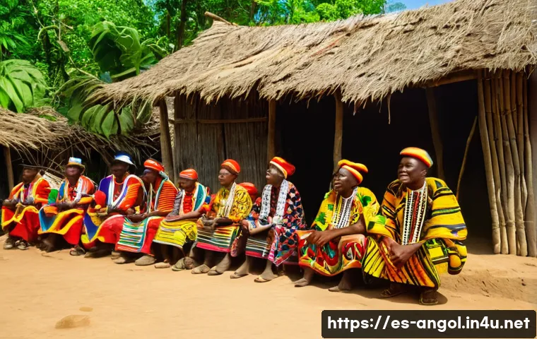 앙골라 방언과 소수언어 - A vibrant Angolan village scene in the central region showcasing a community gathering where people ...