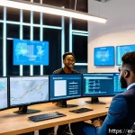앙골라에서 인기 있는 직업 - A modern Angolan tech startup office scene showing diverse young professionals collaborating on soft...