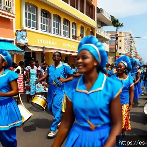 앙골라의 공휴일과 축제일 - A vibrant scene of the Angolan Carnival in Luanda during February, showcasing a lively street parade...