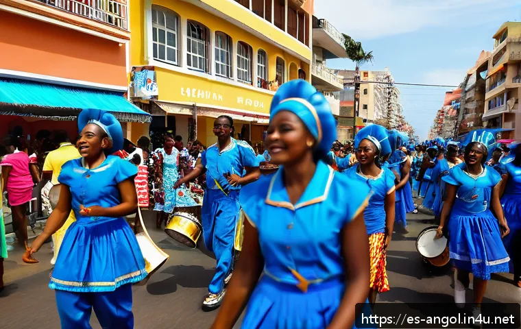 앙골라의 공휴일과 축제일 - A vibrant scene of the Angolan Carnival in Luanda during February, showcasing a lively street parade...