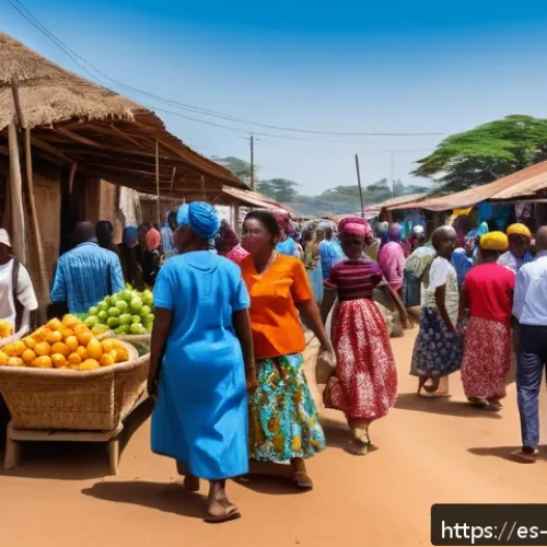 앙골라 치안 상황 - A bustling traditional Angolan market scene in Huambo during daytime, vibrant colors with local vend...