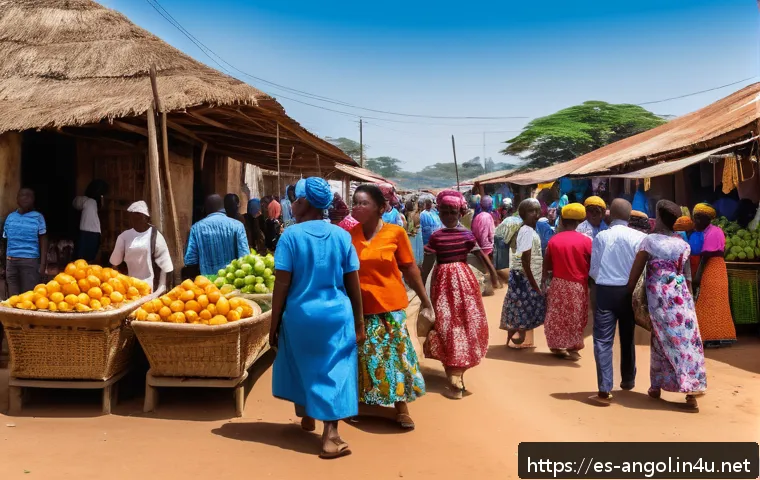 앙골라 치안 상황 - A bustling traditional Angolan market scene in Huambo during daytime, vibrant colors with local vend...
