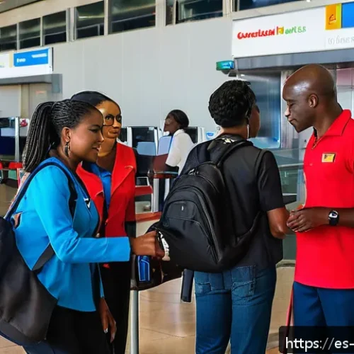 앙골라 공항 이용 가이드 - A busy Angolan airport terminal scene showing travelers of diverse backgrounds efficiently passing t...