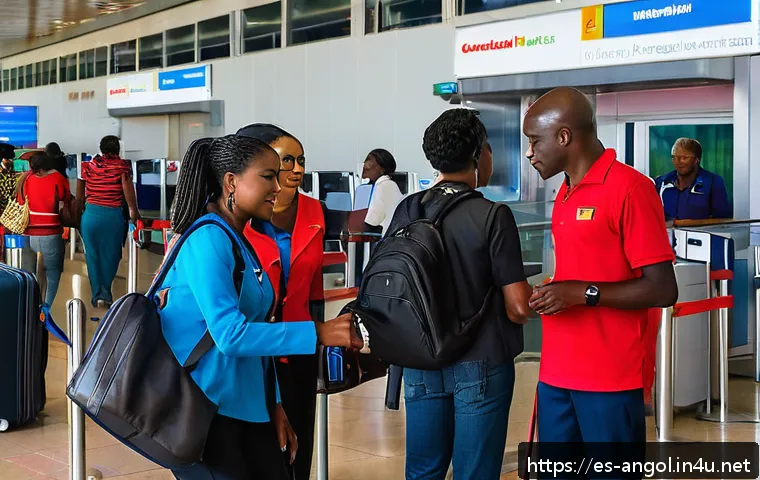 앙골라 공항 이용 가이드 - A busy Angolan airport terminal scene showing travelers of diverse backgrounds efficiently passing t...