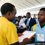 앙골라 여행 시 안전수칙 - A traveler at an airport immigration desk in Angola, presenting a yellow fever vaccination certifica...
