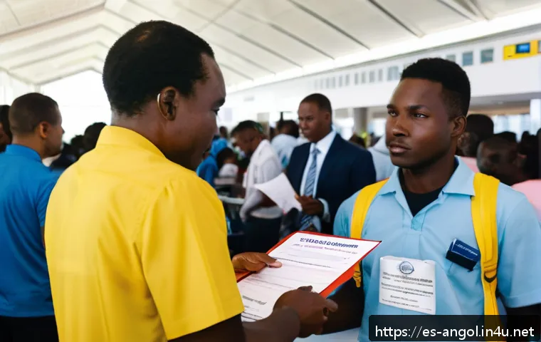 앙골라 여행 시 안전수칙 - A traveler at an airport immigration desk in Angola, presenting a yellow fever vaccination certifica...