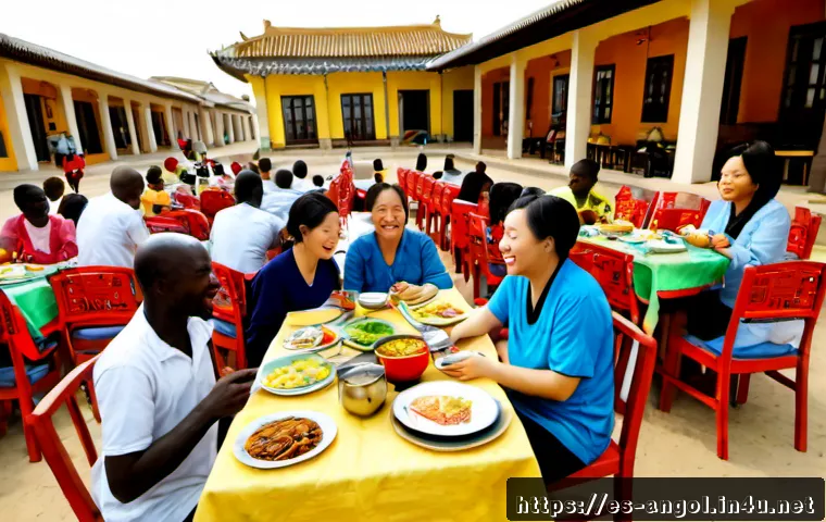 앙골라에서 한국인 커뮤니티 - Photorealistic wide-angle scene of a welcoming multicultural community gathering in Luanda, Angola, ...